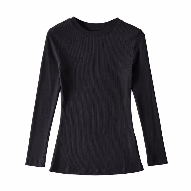 Wide Collar Thread Stitching Long-sleeved Slim-fit Womens T-shirt Simple Solid Color Stretch Cotton Bag Body European and American Ins Trendy Base Shirt Black 222 long sleeves