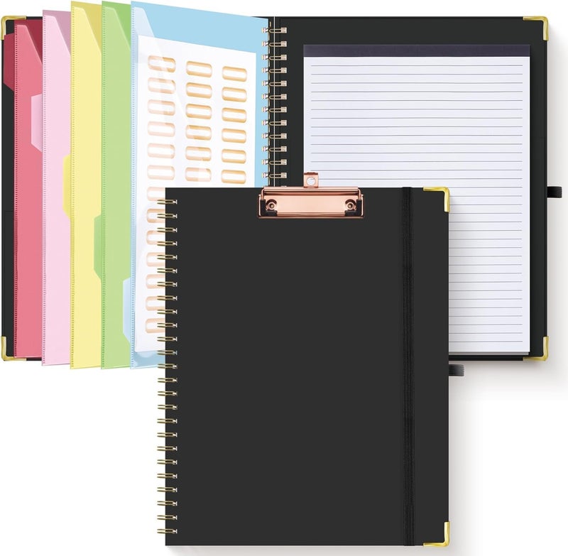 Hautoco Clipboard Folio with Refillable Lined Notepad for Letter Size (11" x 8.5"), 5 Dividers with 10 Pockets, Elastic Pen Holder and File Folder Labels, Spiral Nurse Clipboard Artboard(Black) - Image 1