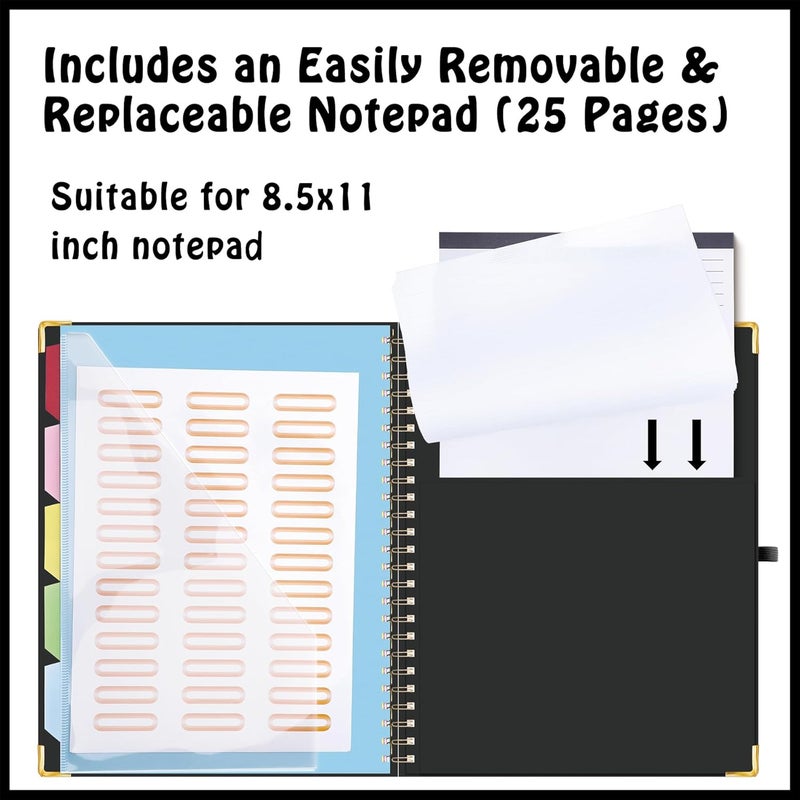 Hautoco Clipboard Folio with Refillable Lined Notepad for Letter Size (11" x 8.5"), 5 Dividers with 10 Pockets, Elastic Pen Holder and File Folder Labels, Spiral Nurse Clipboard Artboard(Black) - Image 3