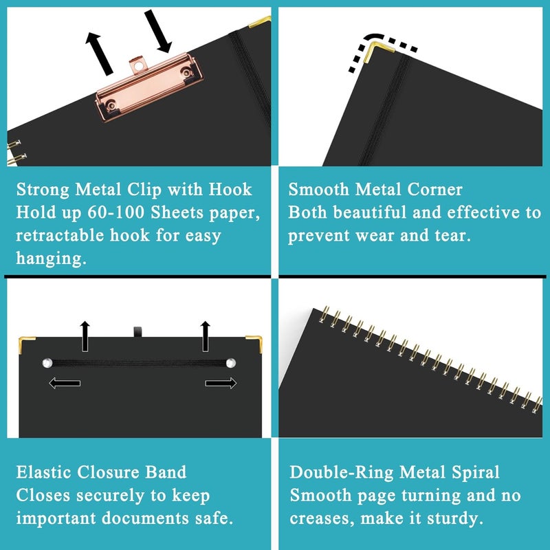 Hautoco Clipboard Folio with Refillable Lined Notepad for Letter Size (11" x 8.5"), 5 Dividers with 10 Pockets, Elastic Pen Holder and File Folder Labels, Spiral Nurse Clipboard Artboard(Black) - Image 5