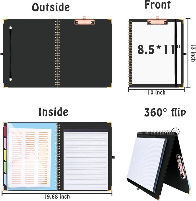 Hautoco Clipboard Folio with Refillable Lined Notepad for Letter Size (11" x 8.5"), 5 Dividers with 10 Pockets, Elastic Pen Holder and File Folder Labels, Spiral Nurse Clipboard Artboard(Black) - Image 2