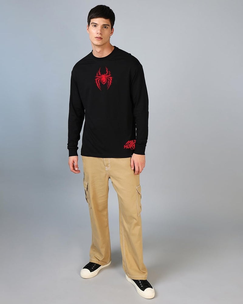 Bewakoof Official Marvel Merchandise Men's Graphic Printed Oversized Fit Full Sleeve Round Neck Cotton Jersey T-Shirt 636662 Black S - Image 5