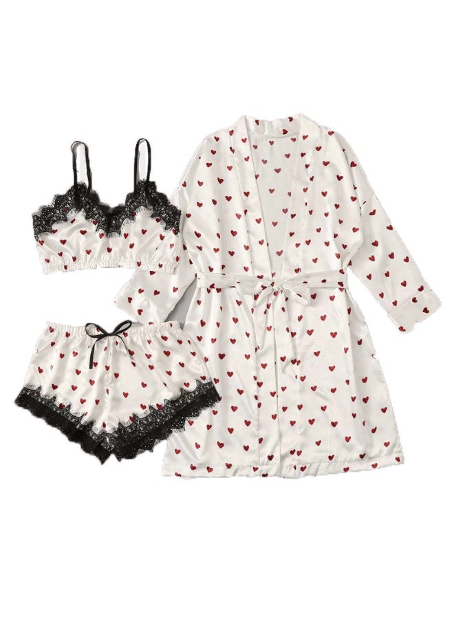 Women's 3 - Piece Heart Print Pajama Set, Lace - Trimmed Cami, Shorts & Robe, Sleepwear  - Image 3