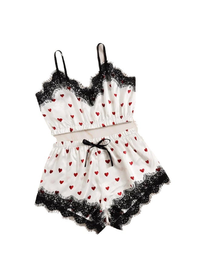 Women's 3 - Piece Heart Print Pajama Set, Lace - Trimmed Cami, Shorts & Robe, Sleepwear  - Image 2