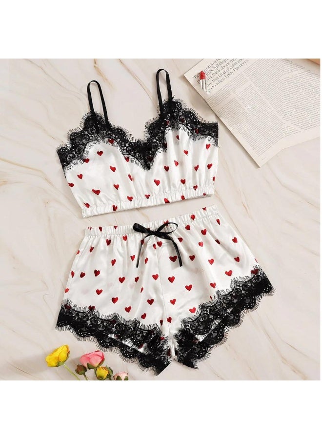 Women's 3 - Piece Heart Print Pajama Set, Lace - Trimmed Cami, Shorts & Robe, Sleepwear  - Image 1