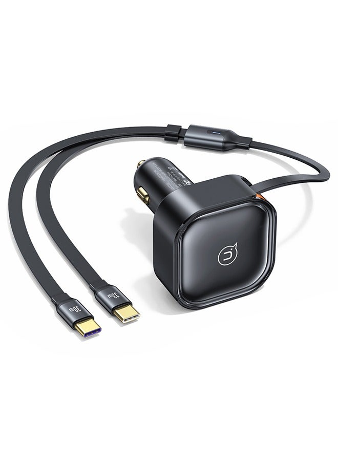 Car Charger 30W Fast Charging Retractable Type-C Cable Quick Mobile Phone Charger for iPhone 14/14Pro Max/13/12/11 Series Samsung , Huawei, Xiaomi and many more Black