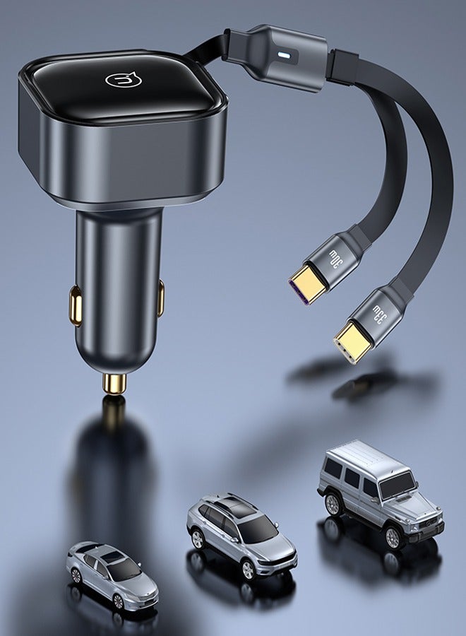 Usams Car Charger 30W Fast Charging Retractable Type-C Cable Quick Mobile Phone Charger for iPhone 14/14Pro Max/13/12/11 Series Samsung , Huawei, Xiaomi and many more Black - Image 2