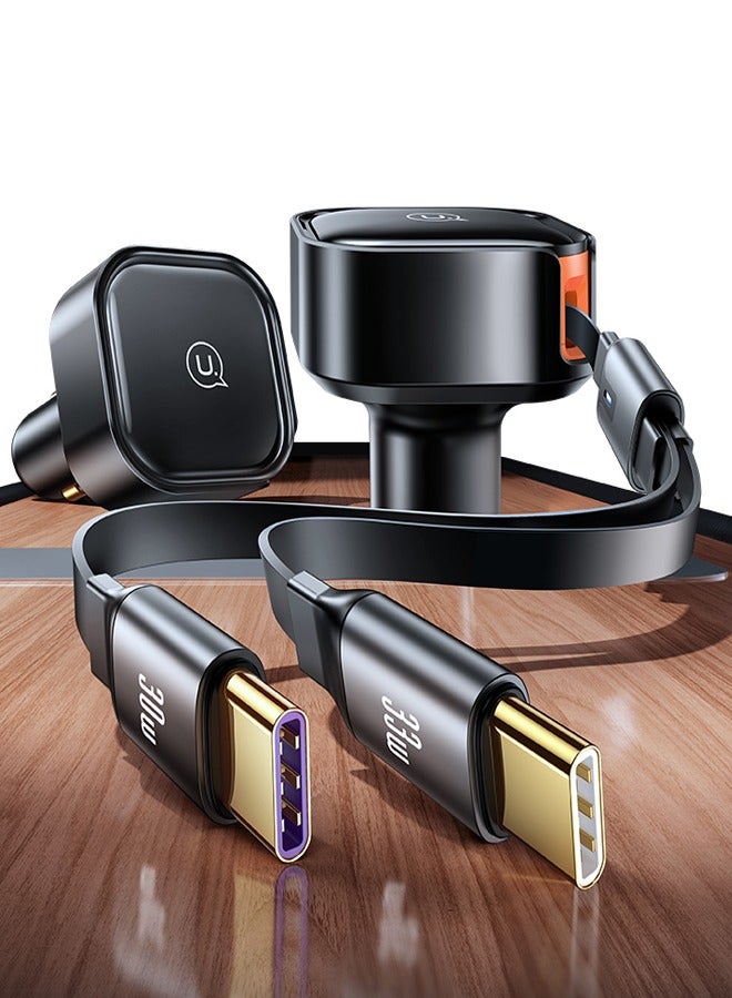 Usams Car Charger 30W Fast Charging Retractable Type-C Cable Quick Mobile Phone Charger for iPhone 14/14Pro Max/13/12/11 Series Samsung , Huawei, Xiaomi and many more Black - Image 4