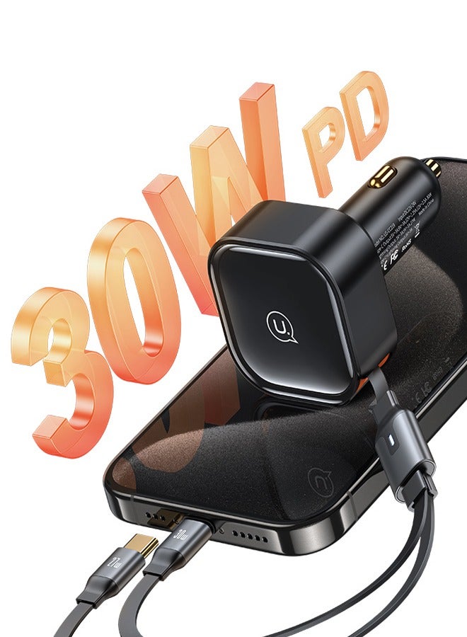 Usams Car Charger 30W Fast Charging Retractable Type-C Cable Quick Mobile Phone Charger for iPhone 14/14Pro Max/13/12/11 Series Samsung , Huawei, Xiaomi and many more Black - Image 5