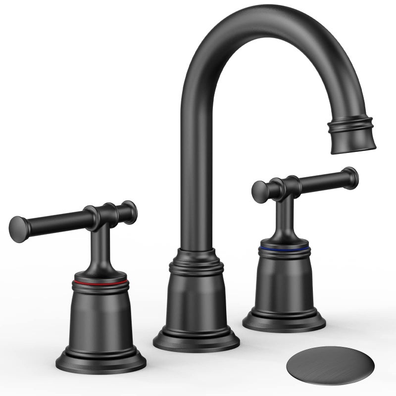 homfan Classical Bathroom Faucets For Sink 3 Holes  8 Inch Bathroom Faucet  Widespread Matte Black Bathroom Faucet With Pop Up Drain And Cupc Lead-Free Hose (Matte Black) - Image 1