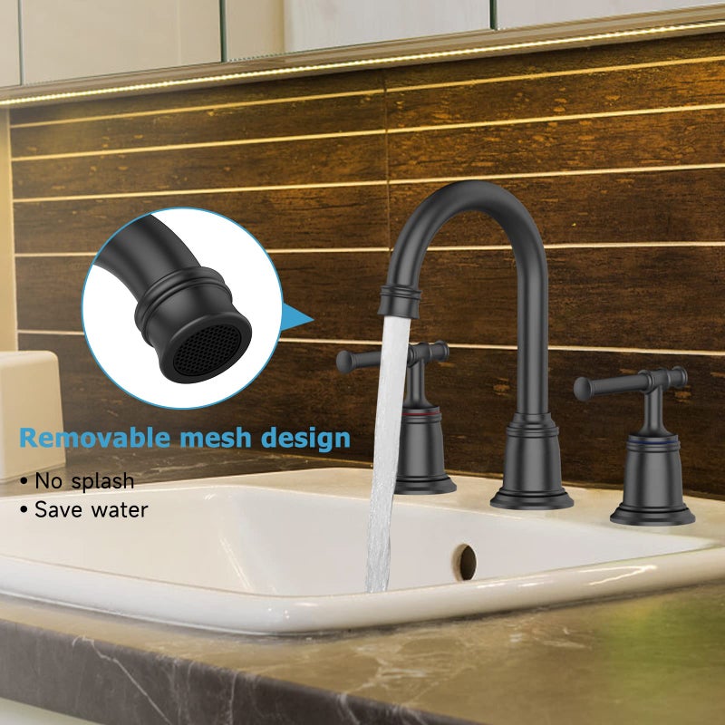 homfan Classical Bathroom Faucets For Sink 3 Holes  8 Inch Bathroom Faucet  Widespread Matte Black Bathroom Faucet With Pop Up Drain And Cupc Lead-Free Hose (Matte Black) - Image 3
