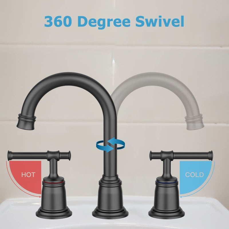 homfan Classical Bathroom Faucets For Sink 3 Holes  8 Inch Bathroom Faucet  Widespread Matte Black Bathroom Faucet With Pop Up Drain And Cupc Lead-Free Hose (Matte Black) - Image 4