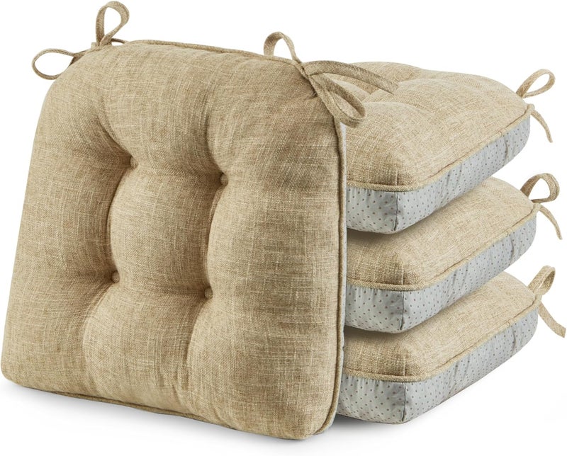 puredown ® Chair Cushions for Dining Chairs, Tufted Memory Foam Chair Pads with Non-Slip Backing, Kitchen Seat Cushions with Ties, Washable Seat Pad Set of 4, 15.5" x 15.5" x 4", Khaki - Image 1
