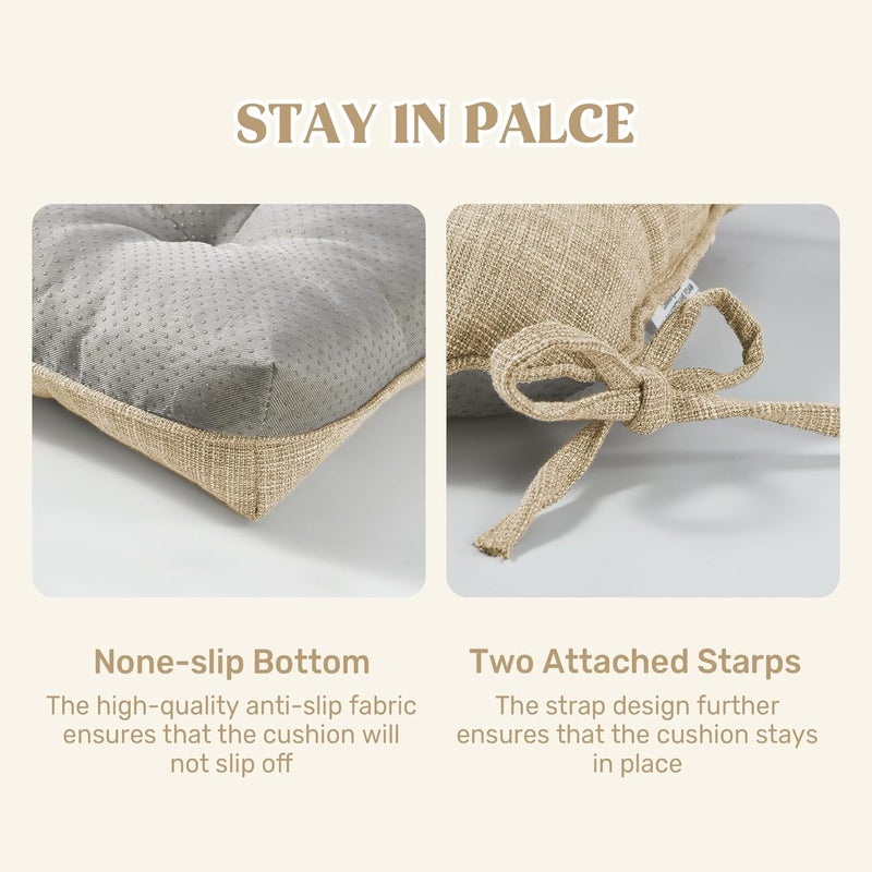 puredown ® Chair Cushions for Dining Chairs, Tufted Memory Foam Chair Pads with Non-Slip Backing, Kitchen Seat Cushions with Ties, Washable Seat Pad Set of 4, 15.5" x 15.5" x 4", Khaki - Image 5
