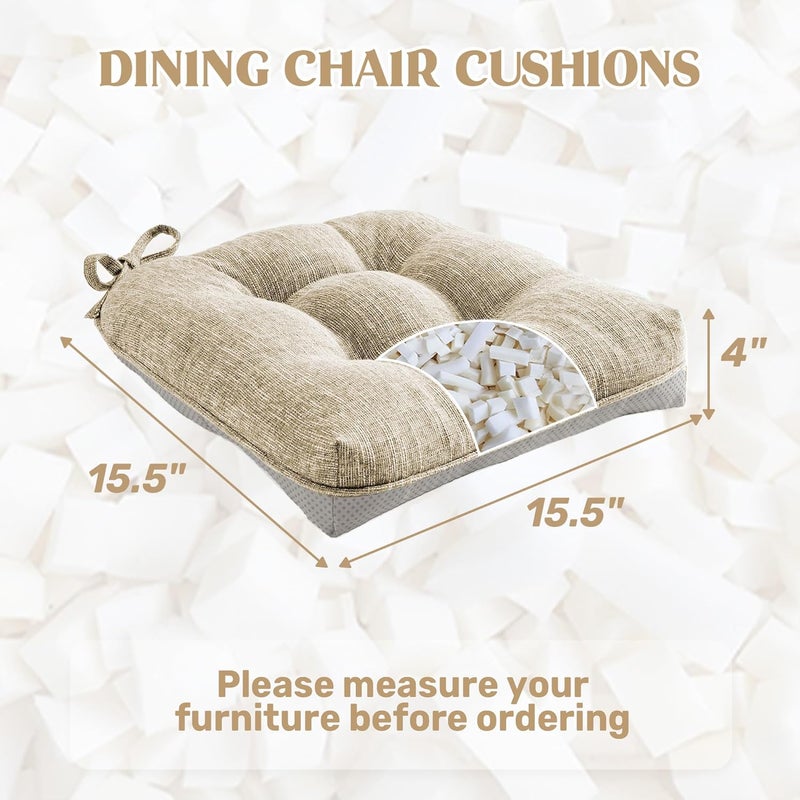 puredown ® Chair Cushions for Dining Chairs, Tufted Memory Foam Chair Pads with Non-Slip Backing, Kitchen Seat Cushions with Ties, Washable Seat Pad Set of 4, 15.5" x 15.5" x 4", Khaki - Image 2