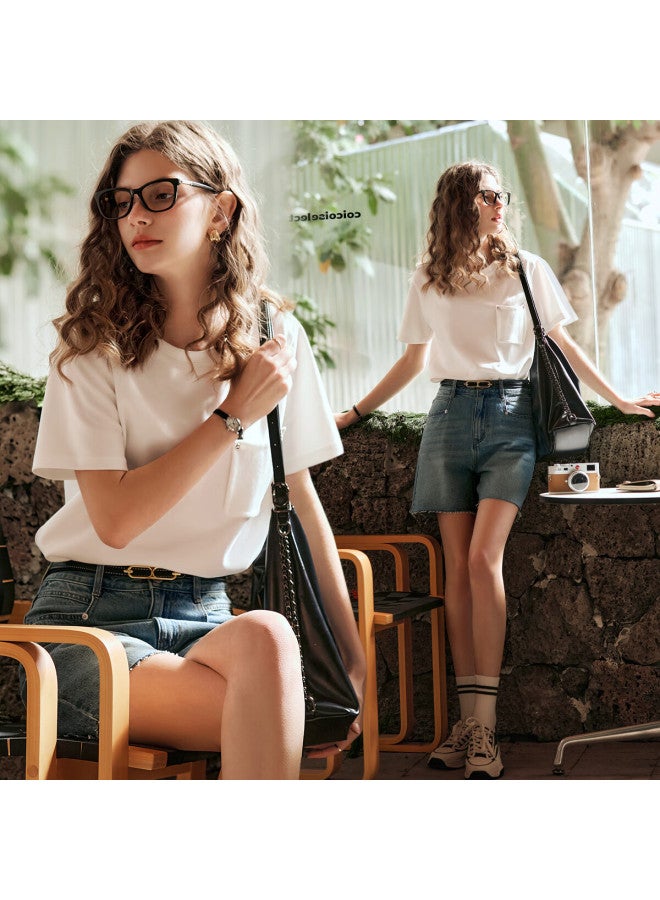 Olrain Simple Short Sleeve T-Shirt Women'S Summer Loose Round Neck Top With Pocket Design Ivory White L - Image 4