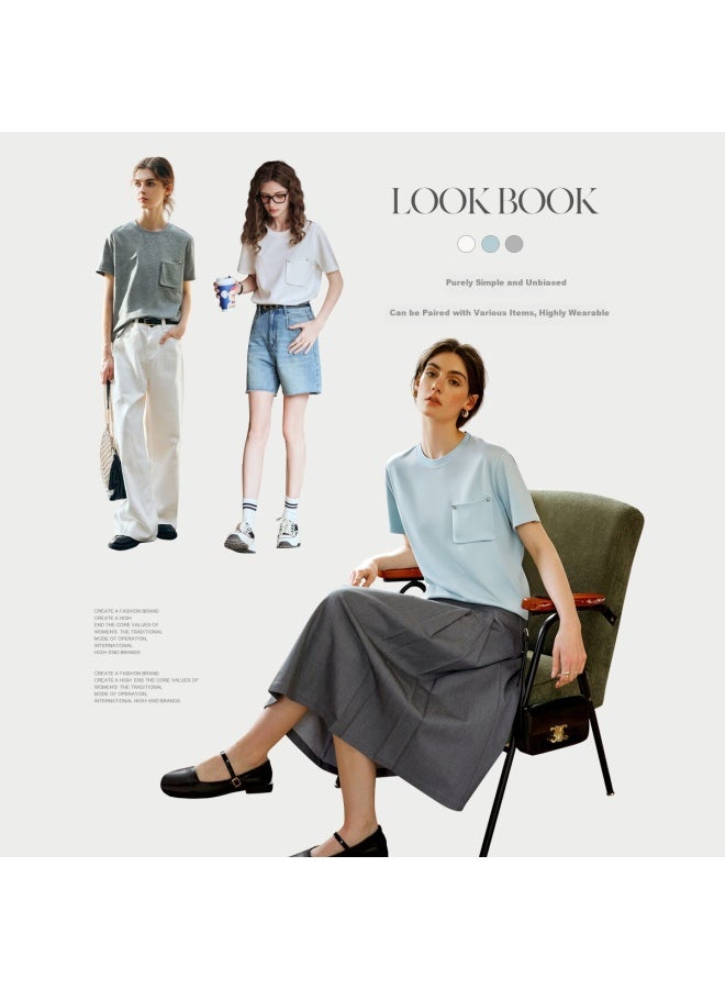 Olrain Simple Short Sleeve T-Shirt Women'S Summer Loose Round Neck Top With Pocket Design Ivory White L - Image 2