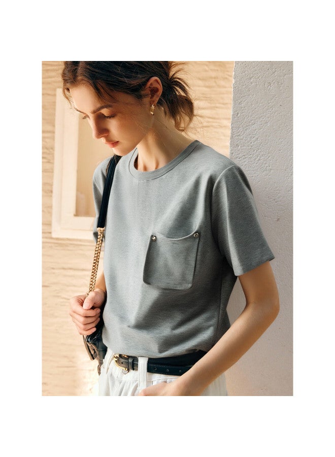 Olrain Simple Short Sleeve T-Shirt Women'S Summer Loose Round Neck Top With Pocket Design Ivory White L - Image 3