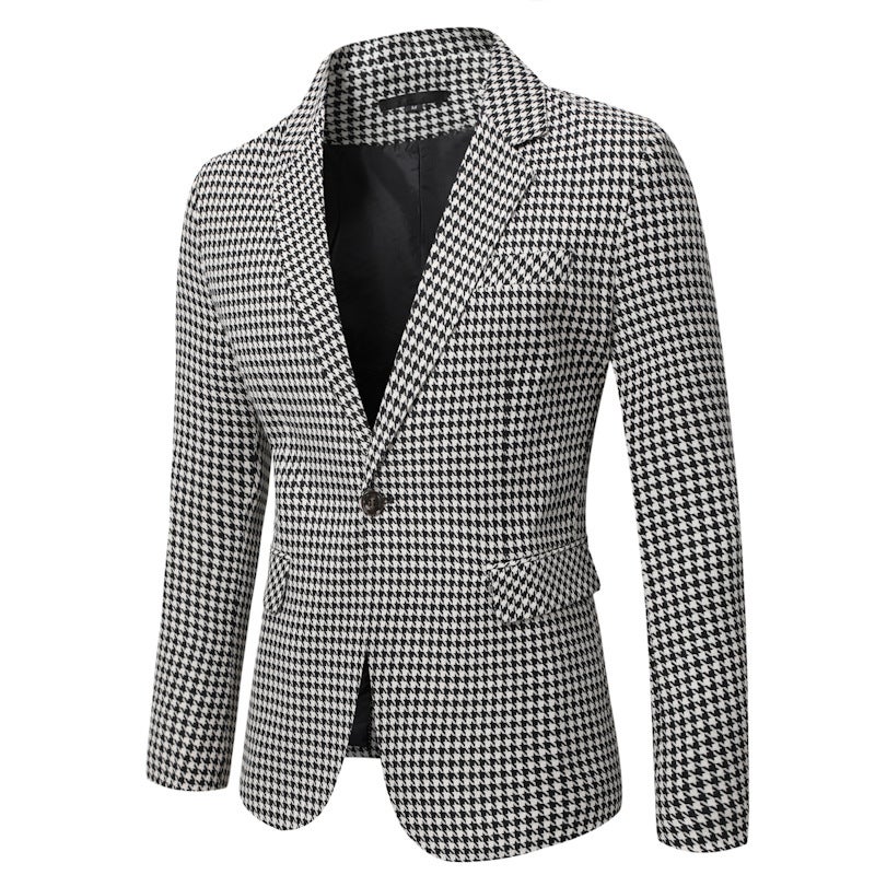 2022 New Mens Autumn and Winter Casual One-Button Suit Lapel Houndstooth Casual Slim-Fit Simple Suit Jacket Black and White 