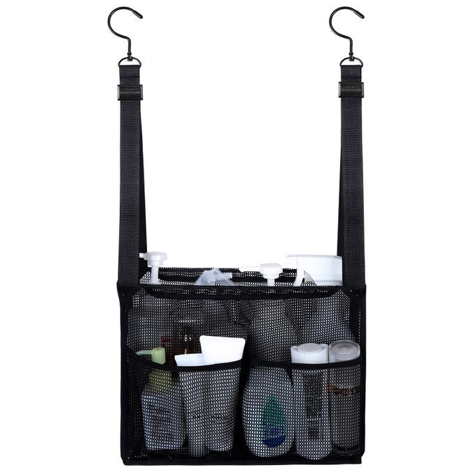4 STORAGE POCKETS ADJUSTABLE HANGING MESH BATHROOM BAG SHOWER CADDY COLLEGE WITH HOOKS APPLIED TO COLLEGE DORM ROOMS GYM SWIMMING AND RV TRAVEL BLACK