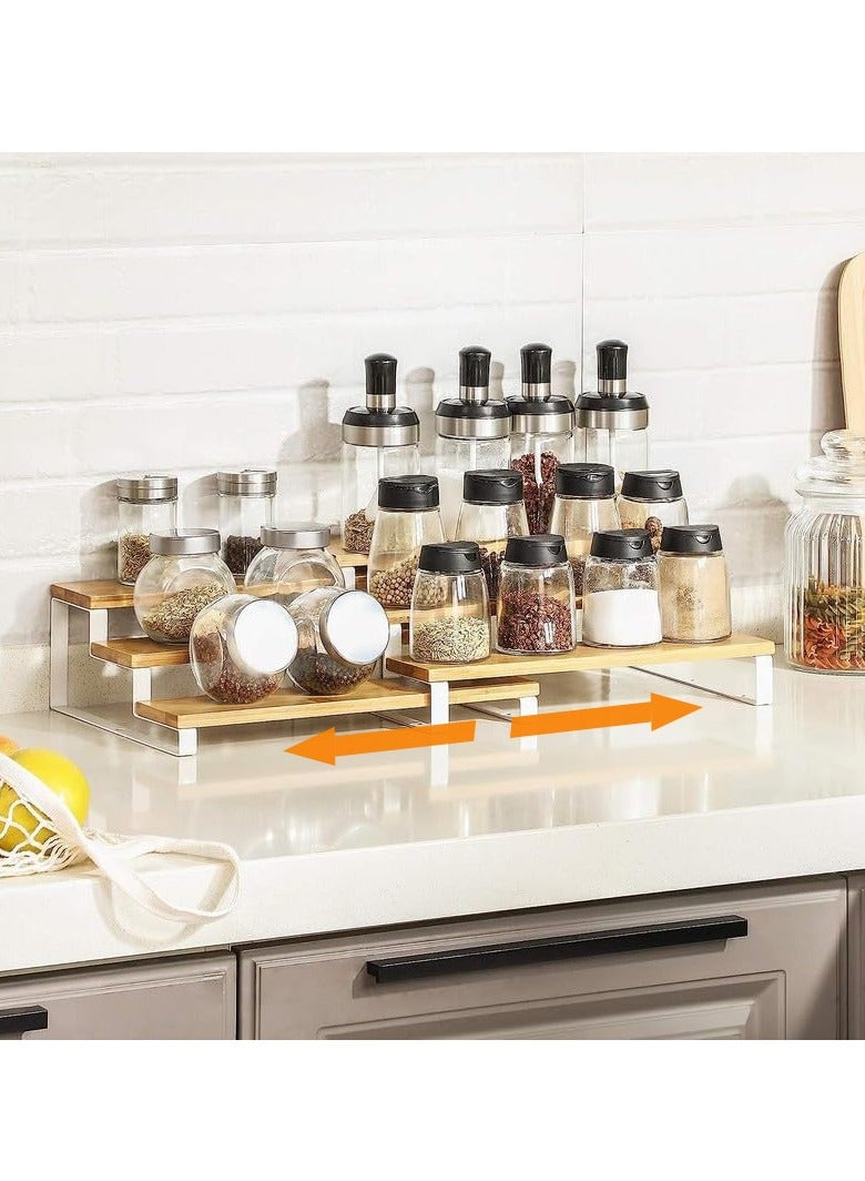 شو وو مجموعة من 2 رف توابل خشبي قابل للتمدد مكون من 3 طبقات، منظم رفوف خزانة معدنية، حامل توابل، منظم خزانة مطبخ قائم بذاته قابل للتكديس، رف عرض منزلي قابل للفصل - Image 1