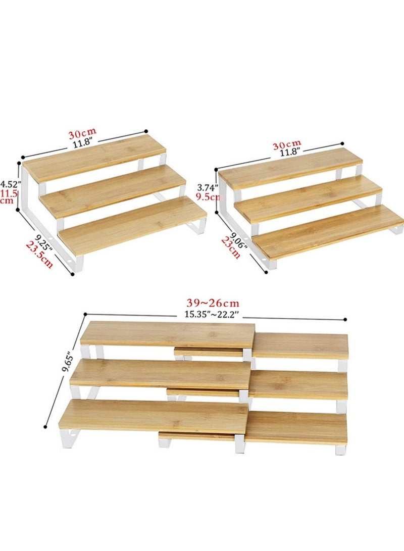 شو وو مجموعة من 2 رف توابل خشبي قابل للتمدد مكون من 3 طبقات، منظم رفوف خزانة معدنية، حامل توابل، منظم خزانة مطبخ قائم بذاته قابل للتكديس، رف عرض منزلي قابل للفصل - Image 5