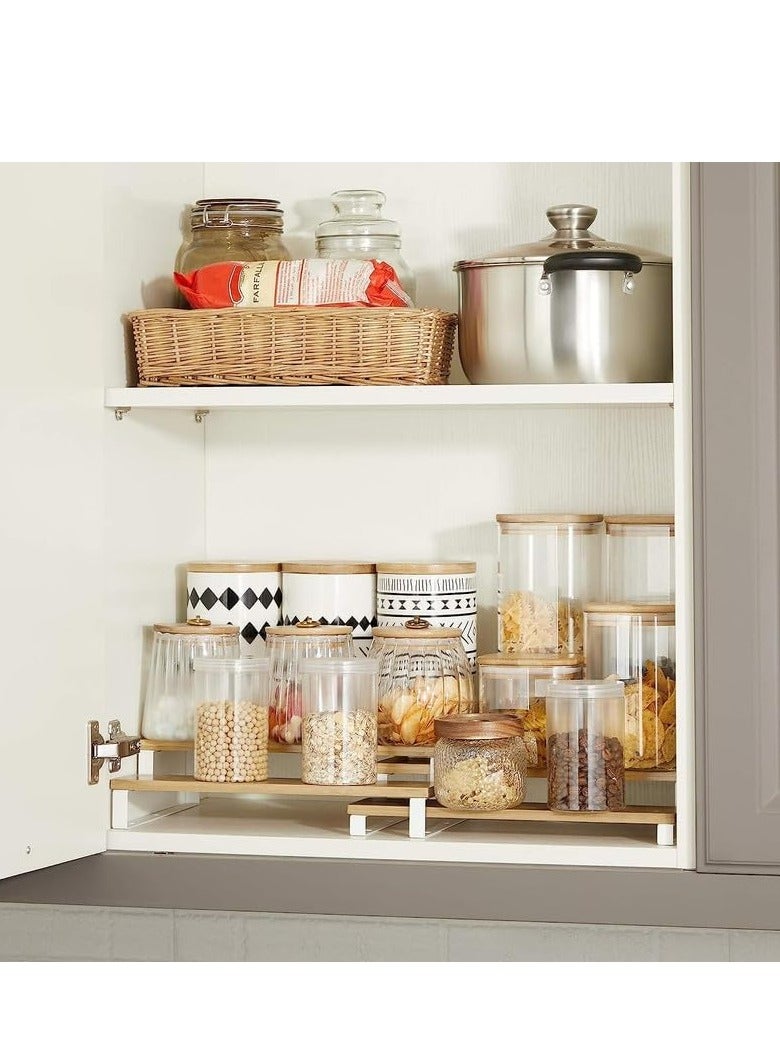 شو وو مجموعة من 2 رف توابل خشبي قابل للتمدد مكون من 3 طبقات، منظم رفوف خزانة معدنية، حامل توابل، منظم خزانة مطبخ قائم بذاته قابل للتكديس، رف عرض منزلي قابل للفصل - Image 3