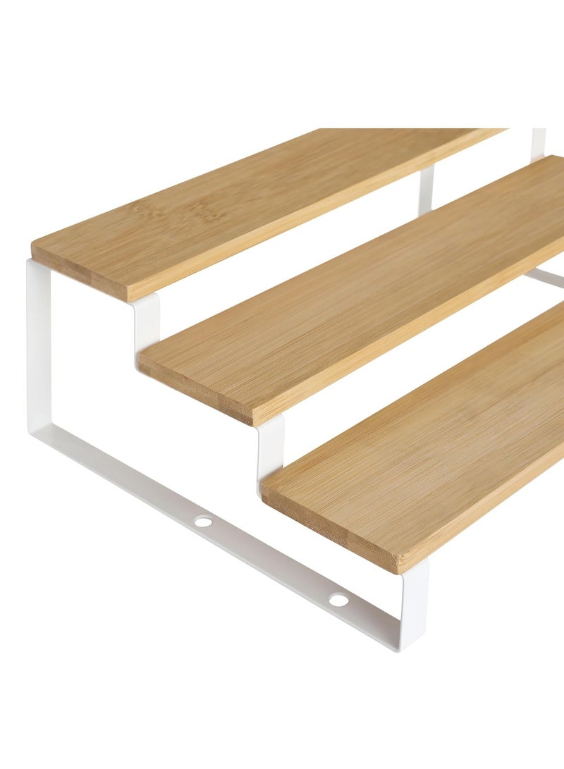 شو وو مجموعة من 2 رف توابل خشبي قابل للتمدد مكون من 3 طبقات، منظم رفوف خزانة معدنية، حامل توابل، منظم خزانة مطبخ قائم بذاته قابل للتكديس، رف عرض منزلي قابل للفصل - Image 4