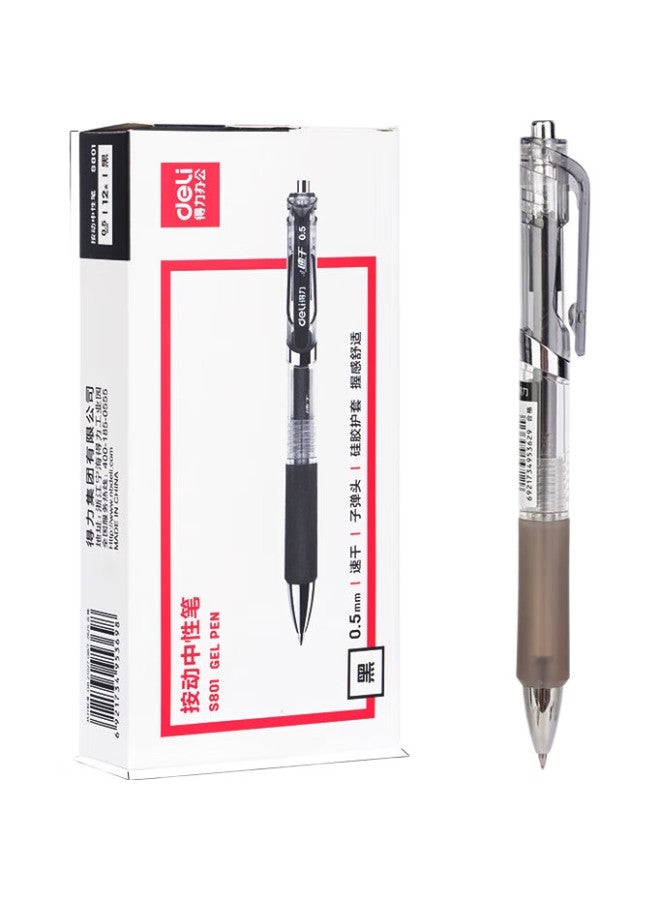 Deli Quick-Drying Retractable Gel Pen, 0.5Mm Bullet Tip, Student Exam Pen, Office Signing Pen, Retractable Pen, Black, 12 Pens/Box, S801 - Image 1