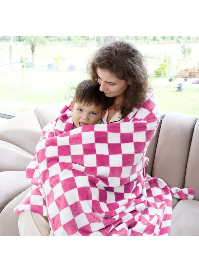 LOKOZ Warm Blanket Soft Cozy Throw Blanket Checkered Fleece Throw Blankets for Couch (Lattice Rose Red, 40"x50") - Image 3