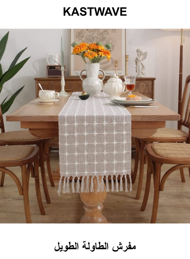 KASTWAVE Table Runner Boho Style, Burlap Linen Handmade Rustic Table Runner, 72 Inches Long Coffee Table Runner for Dining Party Holiday, Decorative for Home Dining Tea Kitchen (Khaki Check, 13*72 Inch) - Image 1