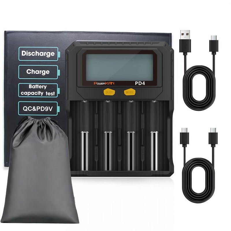 شاحن بطاريات PD4 مع وظيفة التفريغ والاختبار لبطاريات الليثيوم أيون 3.6V 3.7V 3.85V (IMR INR ICR) وبطاريات LiFePO4 3.2V وبطاريات Ni-MH Ni-CD القابلة لإعادة الشحن 1.2V (البطاريات غير مشمولة) - Image 3
