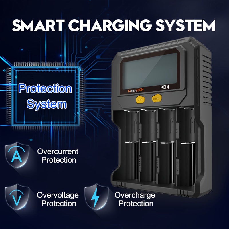شاحن بطاريات PD4 مع وظيفة التفريغ والاختبار لبطاريات الليثيوم أيون 3.6V 3.7V 3.85V (IMR INR ICR) وبطاريات LiFePO4 3.2V وبطاريات Ni-MH Ni-CD القابلة لإعادة الشحن 1.2V (البطاريات غير مشمولة) - Image 2