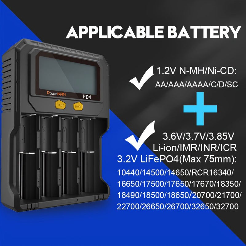 شاحن بطاريات PD4 مع وظيفة التفريغ والاختبار لبطاريات الليثيوم أيون 3.6V 3.7V 3.85V (IMR INR ICR) وبطاريات LiFePO4 3.2V وبطاريات Ni-MH Ni-CD القابلة لإعادة الشحن 1.2V (البطاريات غير مشمولة) - Image 5