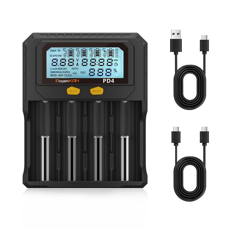 شاحن بطاريات PD4 مع وظيفة التفريغ والاختبار لبطاريات الليثيوم أيون 3.6V 3.7V 3.85V (IMR INR ICR) وبطاريات LiFePO4 3.2V وبطاريات Ni-MH Ni-CD القابلة لإعادة الشحن 1.2V (البطاريات غير مشمولة) - Image 1