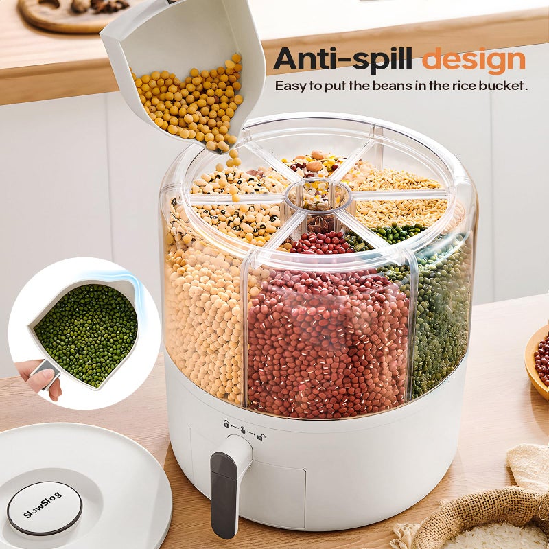 Slow Slog 16lb Grain and Rice Storage Container, 6 Grid Rotating Dispenser, Airtight Rice Storage - Image 2