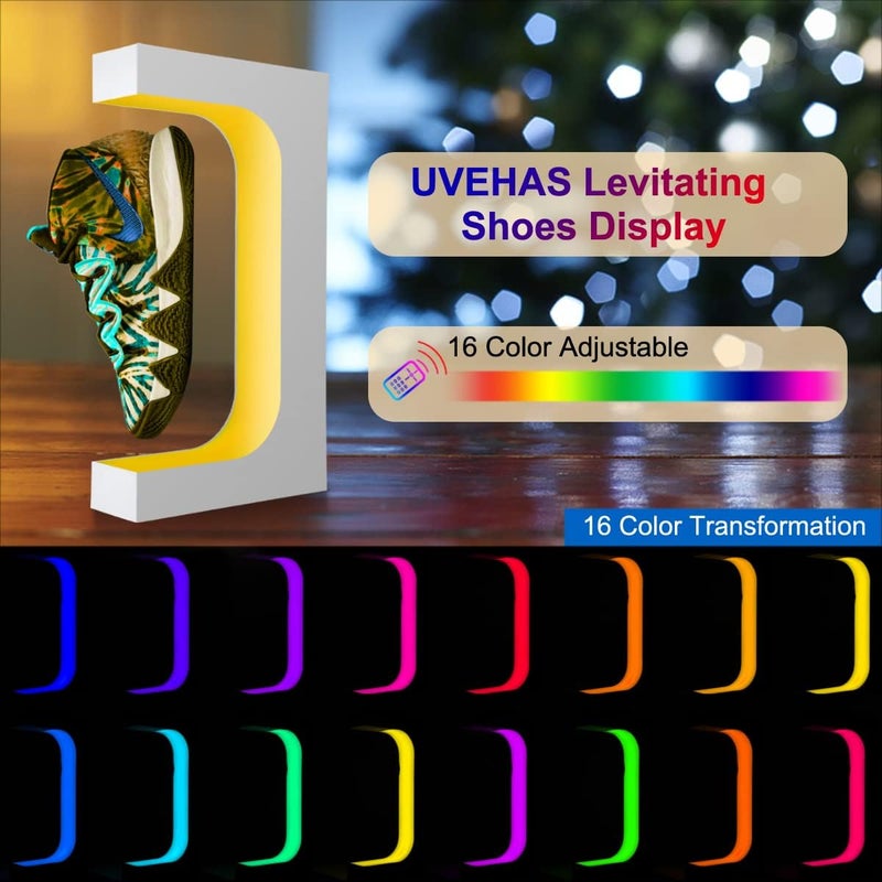 UVEHAS Levitating Shoe Display, Floating Rotating Sneaker Stand, Magnetic Levitation Shoe Rack with 16 Colors LED Light for Gifts Shoes Collectors Store Advertising Exhibition Home Decor - Image 2