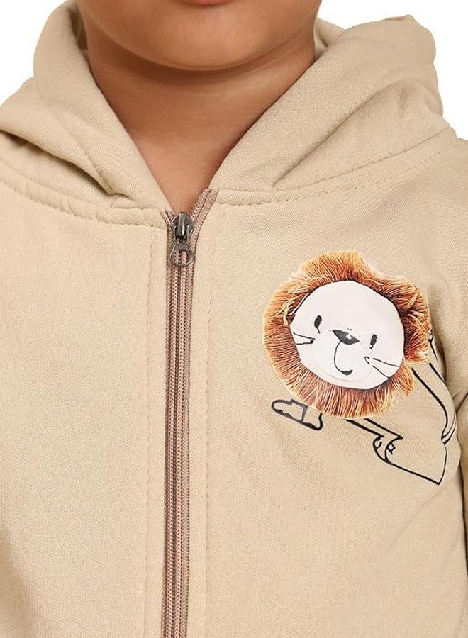 AMEEHA Kids Fleece Winter Wear Tracksuit Set with Cartoon Print, Full Zip Hooded Sweatshirt and Jogger Pants with Sling Bag (IN, Age, 12 Months, 18 Months, Beige) - Image 3