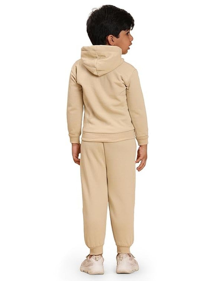 AMEEHA Kids Fleece Winter Wear Tracksuit Set with Cartoon Print, Full Zip Hooded Sweatshirt and Jogger Pants with Sling Bag (IN, Age, 12 Months, 18 Months, Beige) - Image 2