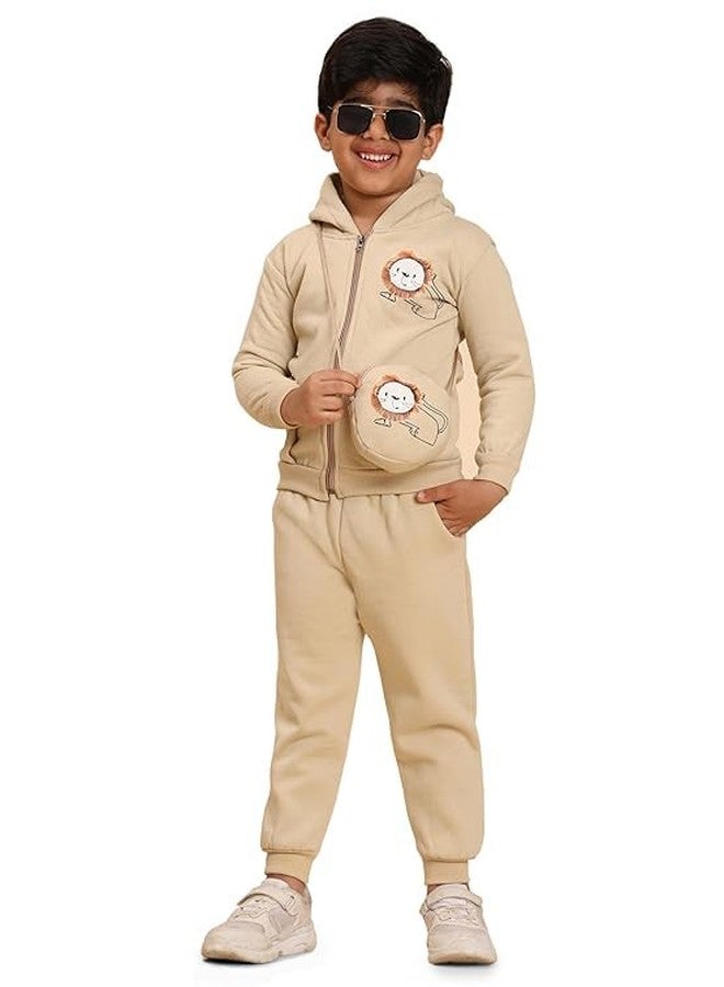 AMEEHA Kids Fleece Winter Wear Tracksuit Set with Cartoon Print, Full Zip Hooded Sweatshirt and Jogger Pants with Sling Bag (IN, Age, 12 Months, 18 Months, Beige) - Image 1