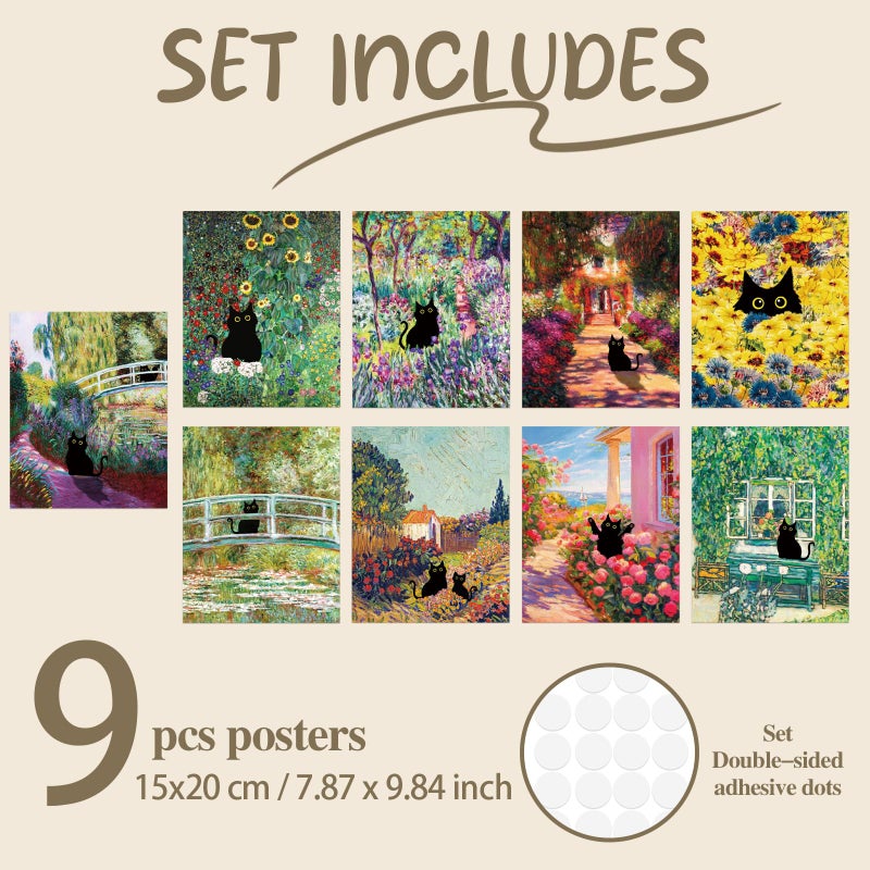 Dazoratix Cat Wall Art Poster - 9 Pcs Funny Black Animal Flower Prints Decor Aesthetic Cute Vintage Van Gogh Floral Gallery Artcat Pictures Painting for Bathroom Bedroom Home Living Room (Unframed) - Image 2