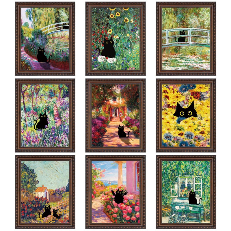 Dazoratix Cat Wall Art Poster - 9 Pcs Funny Black Animal Flower Prints Decor Aesthetic Cute Vintage Van Gogh Floral Gallery Artcat Pictures Painting for Bathroom Bedroom Home Living Room (Unframed) - Image 1
