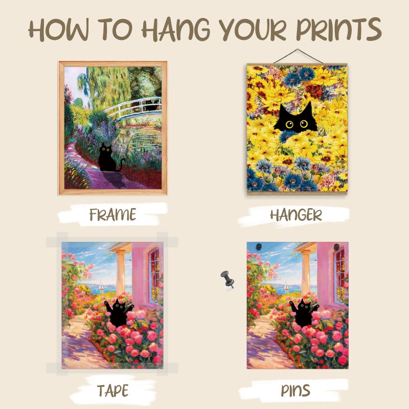 Dazoratix Cat Wall Art Poster - 9 Pcs Funny Black Animal Flower Prints Decor Aesthetic Cute Vintage Van Gogh Floral Gallery Artcat Pictures Painting for Bathroom Bedroom Home Living Room (Unframed) - Image 3