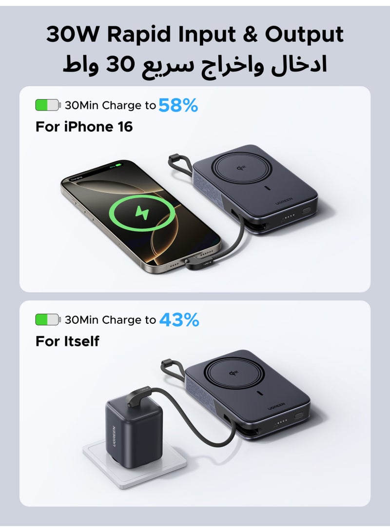 Ugreen 10000mAh High Capacity Magnetic Wireless Portable Charger, 30W Fast Charge 2 Type-C Ports 15W MPP Power Bank Built-in Cable Universal Charging Compatible with iPhone Huawei Honor Xiaomi Samsung iPad AirPods Wireless Earphones 15W Cable+ Kickstand - Image 3