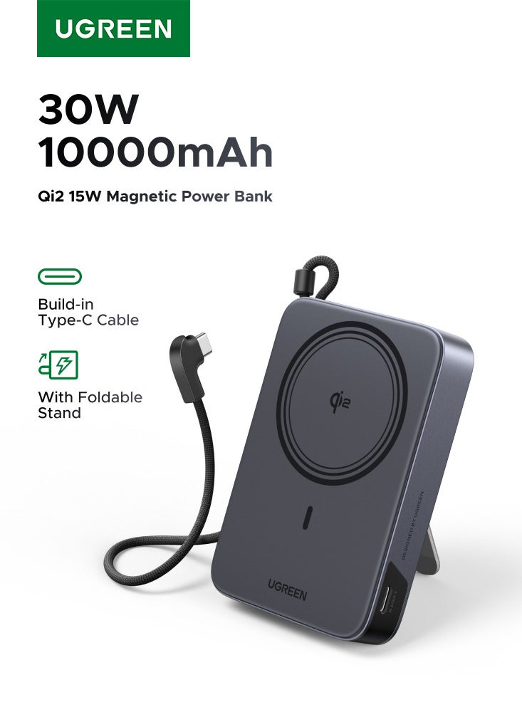 Ugreen 10000mAh High Capacity Magnetic Wireless Portable Charger, 30W Fast Charge 2 Type-C Ports 15W MPP Power Bank Built-in Cable Universal Charging Compatible with iPhone Huawei Honor Xiaomi Samsung iPad AirPods Wireless Earphones 15W Cable+ Kickstand - Image 1