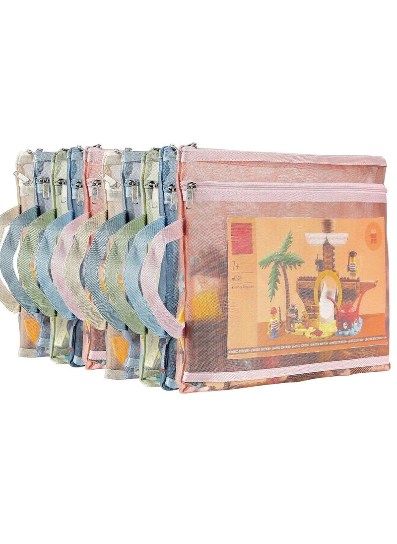 Hanayo 10 Pack Colored Mesh Zipper Pouch Bags, Double-Layer Nylon Puzzle Building Block Sets Toy Storage & Organization, Breathable See Through A4 Zipper Pouch with Handle for School Office Games  - Image 1