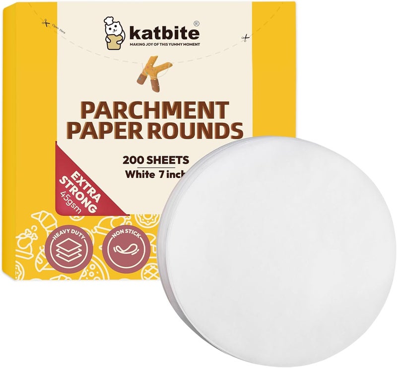 katbite 7 Inch Round Parchment Paper, 200Pcs Parchment Rounds, Heavy Duty & Non-stick for Cake Baking, Air Fryer Liners, Patty Paper - Image 1