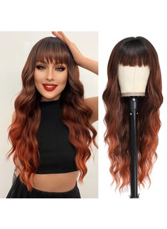 NAYOO NAYOO Auburn Wigs with Bangs for Women Long Curly Wavy Hair Wigs Heat Resistant Synthetic Fiber Wigs for Daily Party Use 26 Inches (Ombre Auburn) 