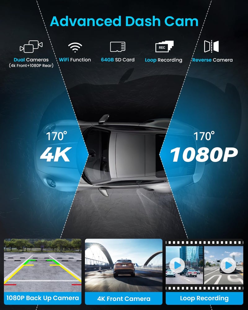 iiwey Portable Apple Carplay Screen, 10’’ Car Stereo Wireless Car Play & Android Auto Touch Screen, 4K Dash Cam, 1080P Backup Camera, Mirror Link/Voice Control/Music Play/GPS Navigation - Image 4
