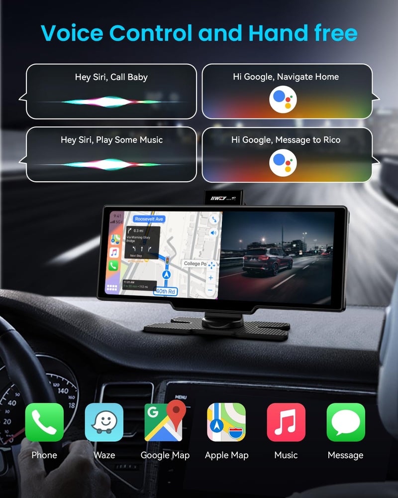 iiwey Portable Apple Carplay Screen, 10’’ Car Stereo Wireless Car Play & Android Auto Touch Screen, 4K Dash Cam, 1080P Backup Camera, Mirror Link/Voice Control/Music Play/GPS Navigation - Image 3